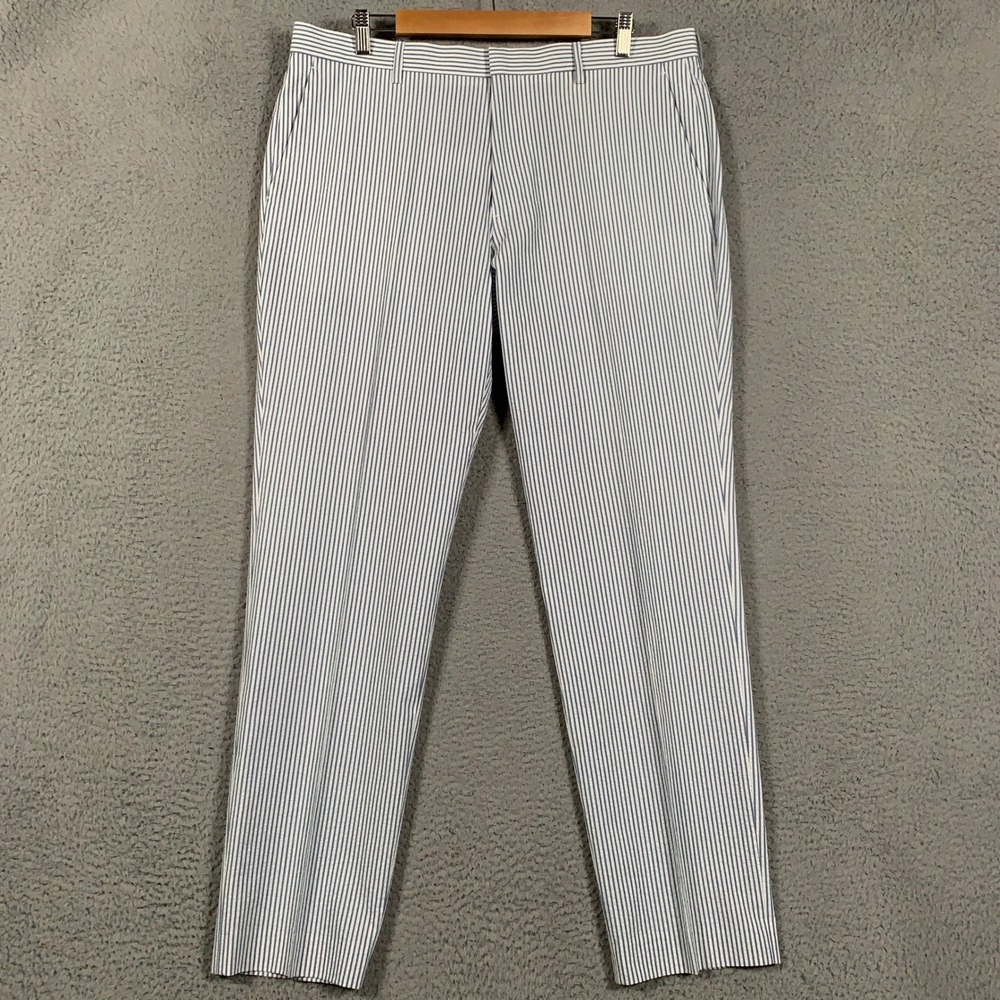 J.Crew Thompson Seersucker Pants Mens 36 x 32 Tapered Blue White Striped Cotton